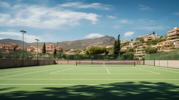 Tennis Gericht im das Stadt auf ein sonnig Tag ai generiert foto