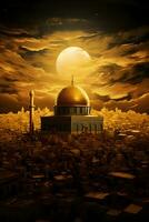 Palästina Moschee im das Stadt beim Nacht mit Mond ai generiert foto