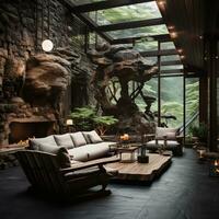 Innere Design, Leben Zimmer mit heiter Natur Sicht, schön Villa Design im das Wald, ai generativ foto