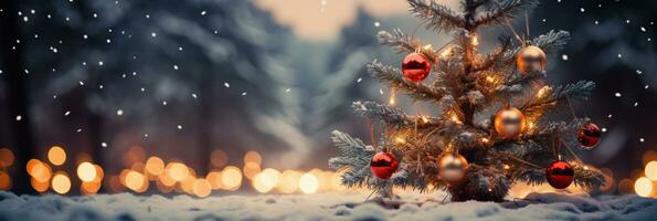 schließen oben von beleuchtet Weihnachten Baum Ornament, Winter Ferien Dekoration, Kopieren Raum, Gruß Karte, ai generativ foto