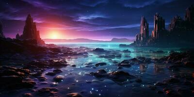 Fantasie Meereslandschaft, Nacht Aussicht von das Ozean, glühend Meer, schön sternenklar Nacht Himmel, verträumt Atmosphäre, ai generativ foto