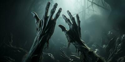Geist Landschaft Halloween Hintergrund, Zombie Apokalypse, unheimlich verfolgt Friedhof, ai generativ foto