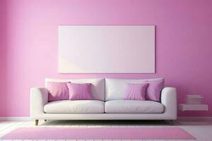 modern minimalistisch Innere mit Weiß Sofa auf ein Rosa Farbe Mauer Hintergrund. generiert durch künstlich Intelligenz foto