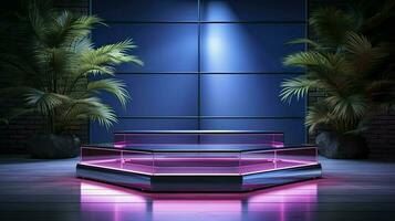 Neon- Podium im hell psychedelisch Farben mit Hintergrundbeleuchtung. im y2k Stil. ai generiert foto