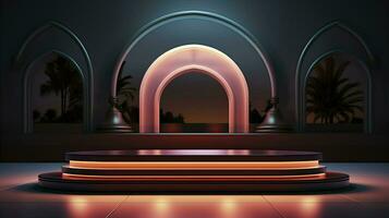 Neon- Podium im hell psychedelisch Farben mit Hintergrundbeleuchtung. im y2k Stil. ai generativ foto