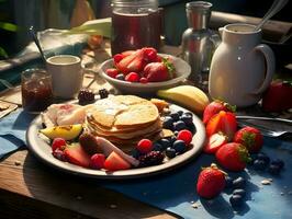gesund Frühstück auf das Tabelle ai generativ foto