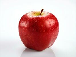 frisch rot Apfel Obst mit Wasser Tröpfchen auf es im Weiß Hintergrund ai generativ foto