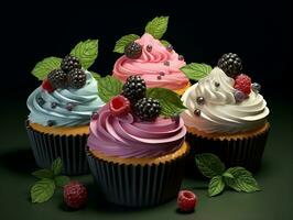 einstellen von Cupcakes mit Beeren und Minze auf ein dunkel Hintergrund ai generativ foto