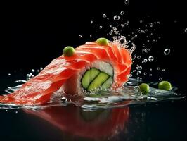 Sushi Lachs mit Wasser Spritzen ai generativ foto