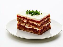 Stück von Fleisch Lasagne auf ein Weiß Teller ai generativ foto