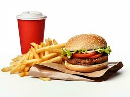 Verpackung Hamburger mit Fritten und Ketchup ai generativ foto