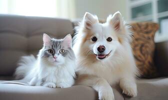 im ein heiter Leben Zimmer, zwei bezaubernd Haustiere, ein Hund und ein Katze. ai generativ foto