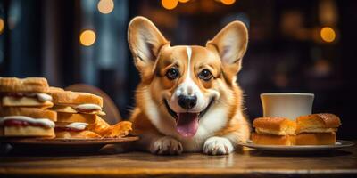 charmant Corgi Hund freudig genießt ein herrlich Mahlzeit beim ein gemütlich hölzern Tisch. ai generativ. foto