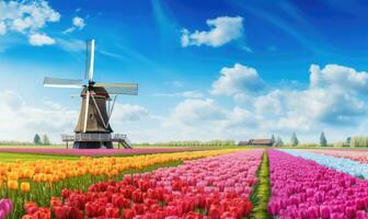 beschwingt Tulpe Felder entfalten unter ein riesig Himmel, mit ein traditionell Windmühle. ai generativ. foto