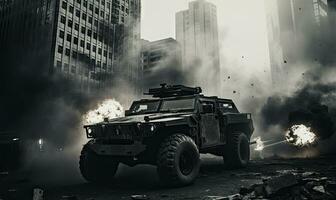 feurig Explosion verschlingt ein Militär- Fahrzeug inmitten ein dunkel. ai generativ. foto