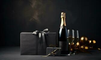 elegant Feier Szene mit ein luxuriös Geschenk Box und Champagner Flasche. ai generativ foto