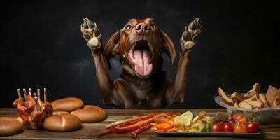 froh Hund schmeckt ein lecker behandeln von heiß Hunde. ai generativ. foto