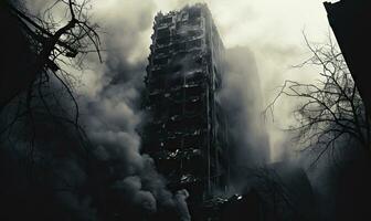 ein ausgebrannt Gebäude steht verwüsten. foto