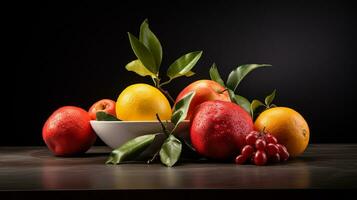 Foto von extravagant Obst auf ein minimalistisch Tisch. generativ ai