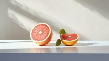 Foto von Grapefruit auf ein minimalistisch Tisch. generativ ai