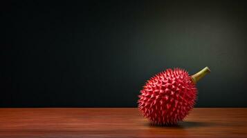 Foto von rot Durian auf ein minimalistisch Tisch. generativ ai