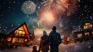 glücklich Familie Aufpassen Feuerwerk und Weihnachten Baum beim Nacht. Neu Jahr Feier Konzept. foto