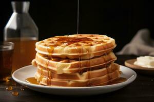 Stapel von Waffeln mit Sirup. ai generativ foto