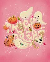 glücklich Halloween Illustration mit Hand Beschriftung Botschaft und süß Geister, Katze, Schädel und Kürbisse, Rosa. Trick oder behandeln. foto