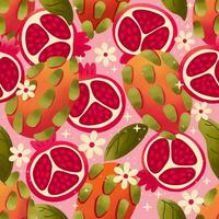 nahtlos Muster mit Hand gezeichnet Granatapfel und Drachen Obst auf Rosa Hintergrund. Obst und Blumen- Design im hell Farben. bunt Illustration. foto