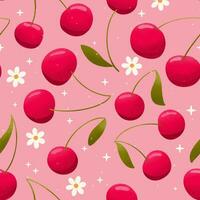 nahtlos Muster mit Hand gezeichnet Kirschen auf Rosa Hintergrund. Obst und Blumen- Design im hell Farben. bunt Illustration. foto