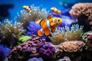 Clownfisch und Blau Malawi Buntbarsche Schwimmen in der Nähe von Koralle ai generiert foto