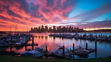 Foto Stadt Hafen beim Sonnenuntergang ai generieren