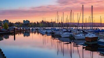 Foto Stadt Hafen beim Sonnenuntergang ai generieren