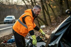 ein Mann ist Reinigung oben Müll. ai generiert foto