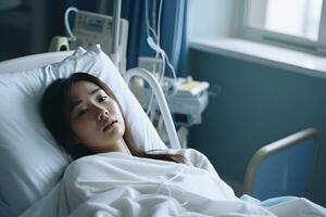 einsam Unfall Patienten Verletzung Frau auf Bett Patienten im Krankenhaus wollen zu gehen Zuhause medizinisch ai generieren foto
