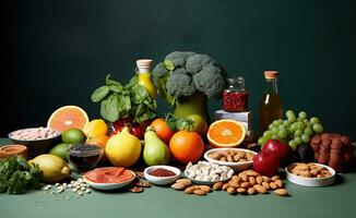 Essen Produkte Darstellen das ernährungsphysiologisch Diät. Lebensmittel hoch im Vitamine, Mineralien und Antioxidantien. Anti Alter Lebensmittel. ai generativ foto