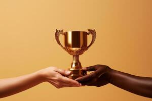 zwei Menschen halten ein Gold Trophäe. Sport, Champion und Hände von Mannschaft mit Trophäe zum Leistung, Tor und Erfolg zusammen. ai generativ foto