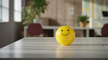 ein Gelb lächelnd Ball können fördern ein positiv Arbeit Umfeld. generativ ai foto