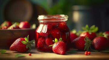 Erdbeere Marmelade und frisch Beeren. generativ ai foto