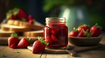 Erdbeere Marmelade und frisch Beeren. generativ ai foto