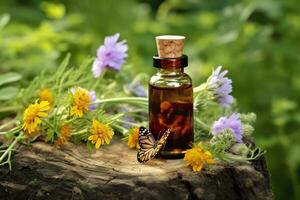 Glas Flasche von Kräuter- wesentlich Extrakt, Schmetterling, und Wildblumen auf ein Baum Stumpf. ai generiert foto