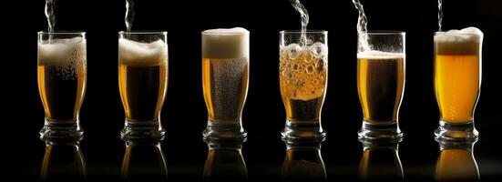 Gießen Bier in ein Glas auf ein schwarz Hintergrund. generativ ai foto
