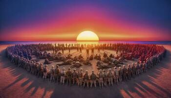 ein weiter Winkel Foto von ein Schlachtfeld beim Sonnenuntergang, wo vielfältig Soldaten momentan aufhören Kampf zu bewundern das fesselnd Schönheit von das Rahmen Sonne. ai generiert