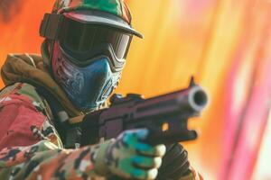 Person spielen Paintball Gewehr Waffe. generieren ai foto