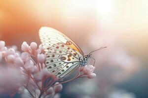 romantisch Blumen- draussen mit Schmetterling Sonnenuntergang. generieren ai foto