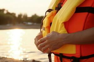 Rettungsschwimmer Putten auf Leben Weste in der Nähe von Meer beim Sonnenuntergang Sicht. generieren ai foto