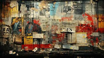 generativ ai, zufällig Collage von Papier Stücke und Wörter, gemalt Wand, Straße Graffiti Grunge Stil foto