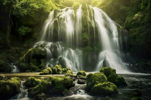 Wasserfall Landschaft mit Felsen bedeckt im Grün Moos. ai generiert foto