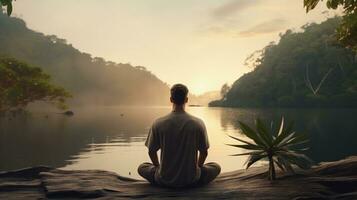 Mann üben Achtsamkeit und Meditation im ein friedlich natürlich Umgebung foto