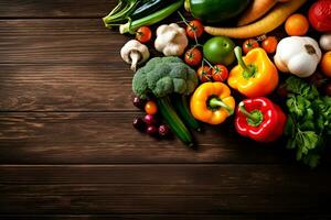 frisch Gemüse auf dunkel hölzern Tisch. Gesundheit Lebensmittel. Aussicht von über. Raum zum Kopieren. generativ ai foto